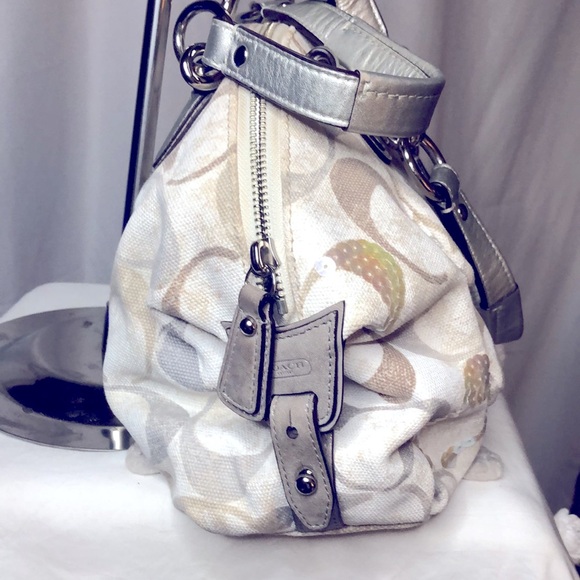COACH sequin cream colored signature satchel handbag. - Picture 6 of 13